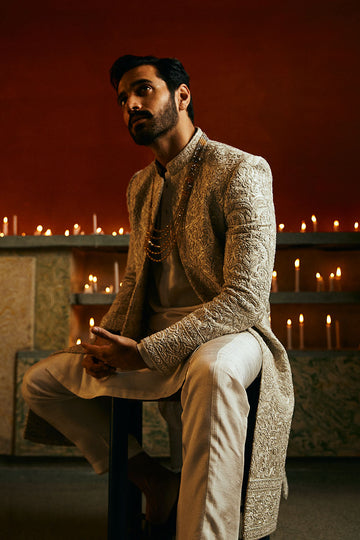IVORY WHITE SELF JAMAWAR SHERWANI